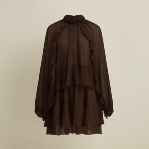 Commense Brown Semi-Sheer Chiffon Ruffle Mini Dress Cape Overlay – Size XL
